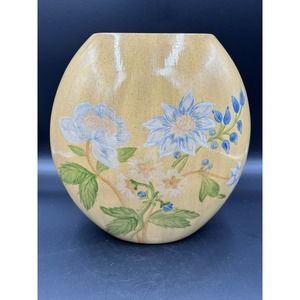 Vintage Vase Pottery With Hand Painted Flowers Glazed Signed